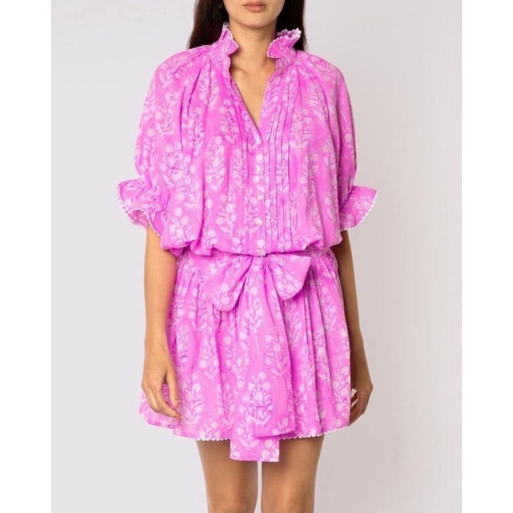 Juliet Dunn London Pink Floral Blouson Mini Dress Block Print Cotton Ruffle 1